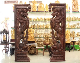 Yali Statue Big Wooden Corbel / Bracket Set of 2 Dragon Sculpture Entrance Decor Door Bracket 6Ft Vintage Temple / Home Decor Antique Style