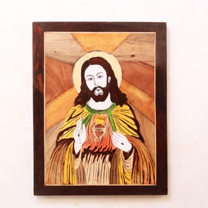Jesus Wood Inlay Painting Sacred Heart Wall Hanging Panel Handmade Vintage Handicraft Art Christian Home Church Altar Wall Decor Gift Rare