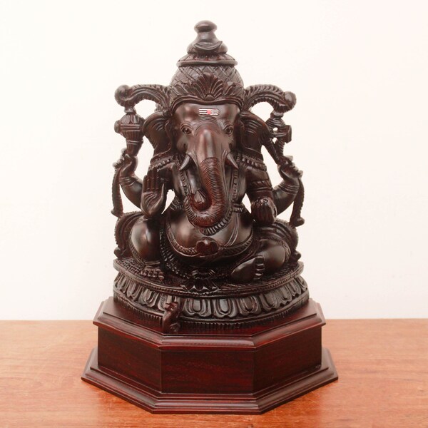 Ganesha Statue Wooden Hindu God Ganesh Sculpture Rosewood Hand Carved Home Garden Temple Mandir Decor Idol Vinayaka Murti Ganapathi Figurine