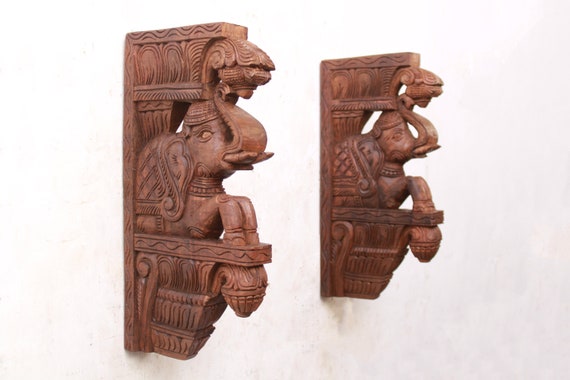 Trunk Elephant Statue Wooden Wall Bracket Corbel Pair Vintage Home