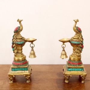 Brass Diya Oil Lamp Bird Pair Peacock Statue Diwali Decor Gift Home Decor Temple Mandir Puja Room Living Room Garden Interior Decorative Art