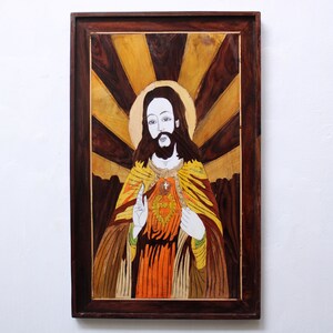 Jesus Painting Wall Hanging Wood Inlay Art Sacred Heart Jesus Christian Home Decor Altar Church Wall Decor Gift Vertical Vintage Look Panel