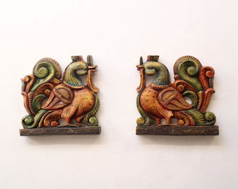 Vintage Peacock Wall Decor: Carved Bird Pair, Indian Home Art