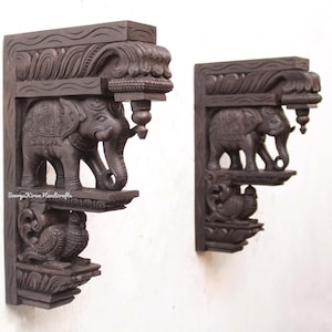 Wooden Wall Bracket Elephant Statue Peacock Corbel Pair Vintage Home Decor Garden /Temple/Door Entrance Wall Hanging Shelf / Support Antique