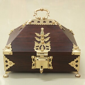 Rosewood Jewelry Box: Antique Brass Inlay, Hand Carved Trinket Box