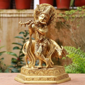 Krishna Statue Brass Krishna With Cow Surabhi Kamadhenu Sculpture Hindu Home Decor Figurinne Amulet Gift Temple Art Cowherd Krishna Statue