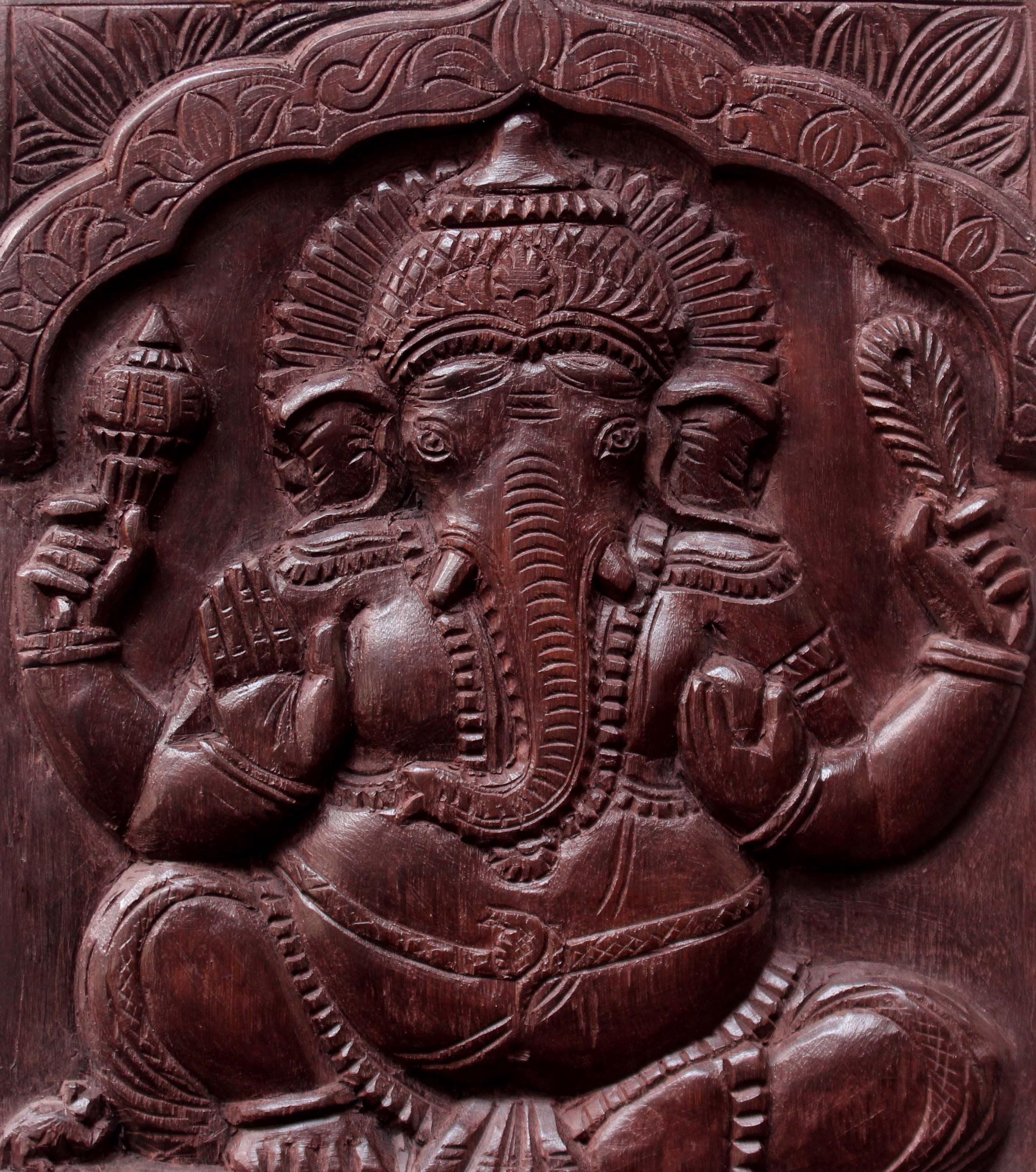 ガネーシャ 木製パネル 彫刻 壁掛け インテリア ヴィンテージ木製ガネーシャ壁パネル：手彫りのヒンドゥー教の神彫刻