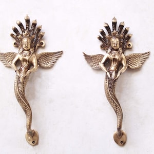 Door Handle Pair Brass Naga Kanya Statue Hindu Buddhist Jain Home Decor Wall Hanging Sculpture Serpent Wall Decor Garden/ Temple Door Handle