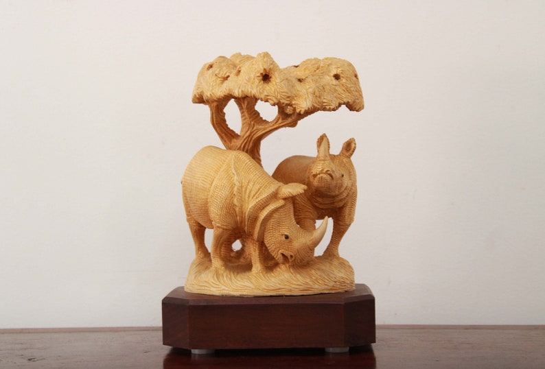 Rhino Statue African Home Decor Jungle / Animal Family Sculpture Memento Gift Living Room / Table Top / Shelf Hand Carved Wooden Carving Art image 1