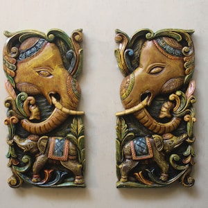 Elephant Wall Decor Panel Pair Wall Hanging Sculpture Wooden Elephant Themed Home Decor Vintage Style South Indian Colourful Wall Art Rare