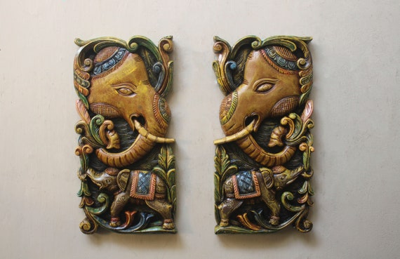Hand Carved Wooden Elephant Wall Decor Panel Pair: Vintage South Indian Art