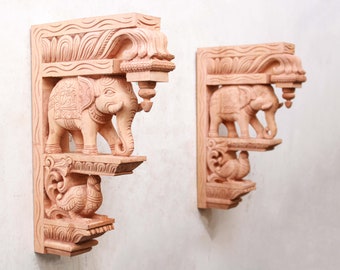 Wooden Wall Bracket Elephant Statue Corbel Pair Vintage / Antique Home Decor Wall Shelf / Garden / Living Room / Temple /Entrance Door Decor