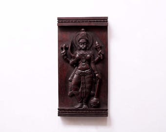 Kali Statue Hindu Goddess Bhadrakali Shakti Sculpture Wooden Handmade Temple Carving Wall Panel Vintage Antique Style Pooja Room Wall Decor