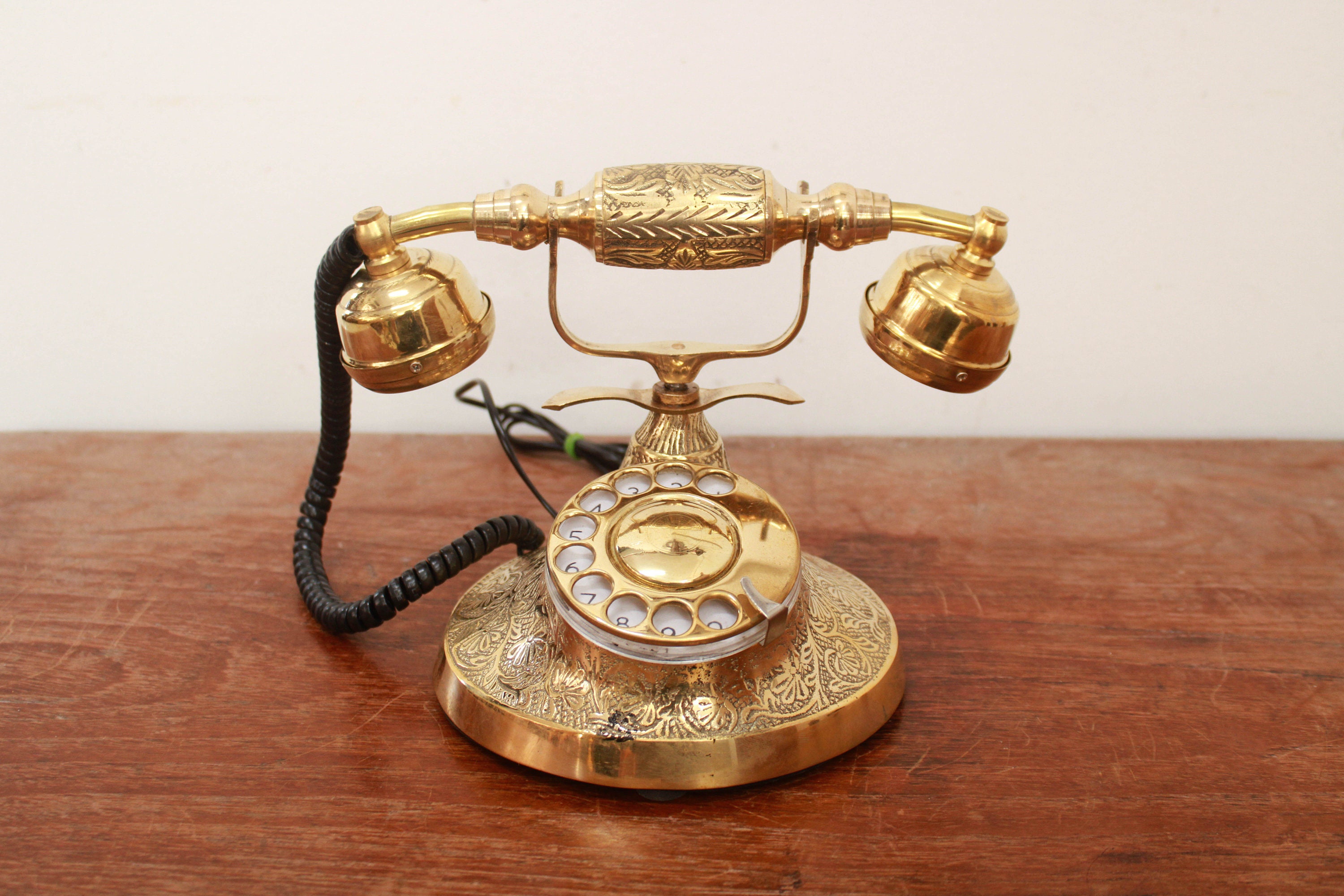 Vintage Telephone Brass Rotary Phone Antique Look Retro Home Decor 