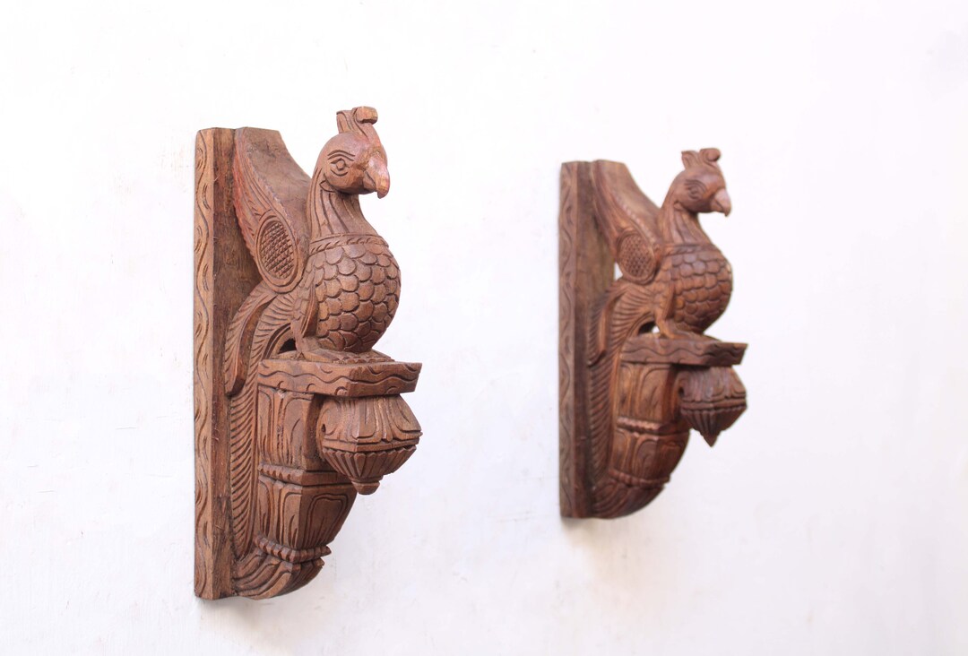 Wooden Wall Bracket Bird Pair Statue Peacock Corbel Set of Two Vintage