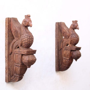 Wooden Wall Bracket Bird Pair Statue Peacock Corbel Set Of Two Vintage Look Home Decor Door / Wall Hanging Entrance / Garden / Living Room