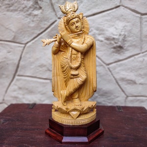 Flute Playing Krishna Statue Wooden Krishna Sculpture Home Decor Figurine Temple Art Murti Garden Decorative Deity Hindu God Gift Figurine