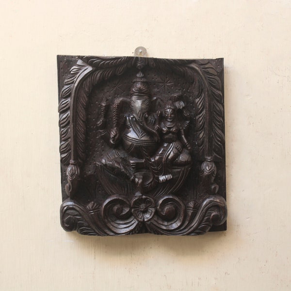 Ganesh Lakshmi Vintage Wall Panel Hindu God Ganesha Wall Hanging Sculpture Temple Home Decor Wooden Carving Ganapati Vianayaka Figurine Rare