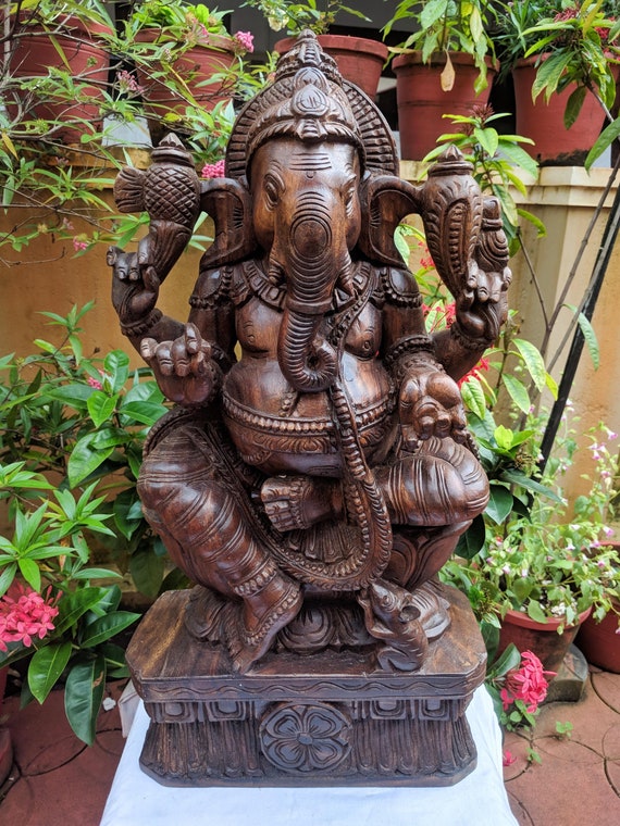 Ganesha Statue 2 Feet Wooden Hindu God Sculpture Ganapati | Etsy