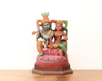 Statua di Radhakrishna, Dio indù Krishna, scultura in legno fatta a mano, scultura in stile antico, statuetta per tempio indù, decorazione da giardino