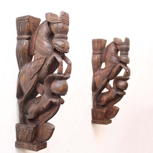 Jumping Horse Yali Statue Wooden Wall Bracket Pair Corbel Set Of 2 Vintage Antique Look Home Decor Wall Hanging Entrance Living Room Decor