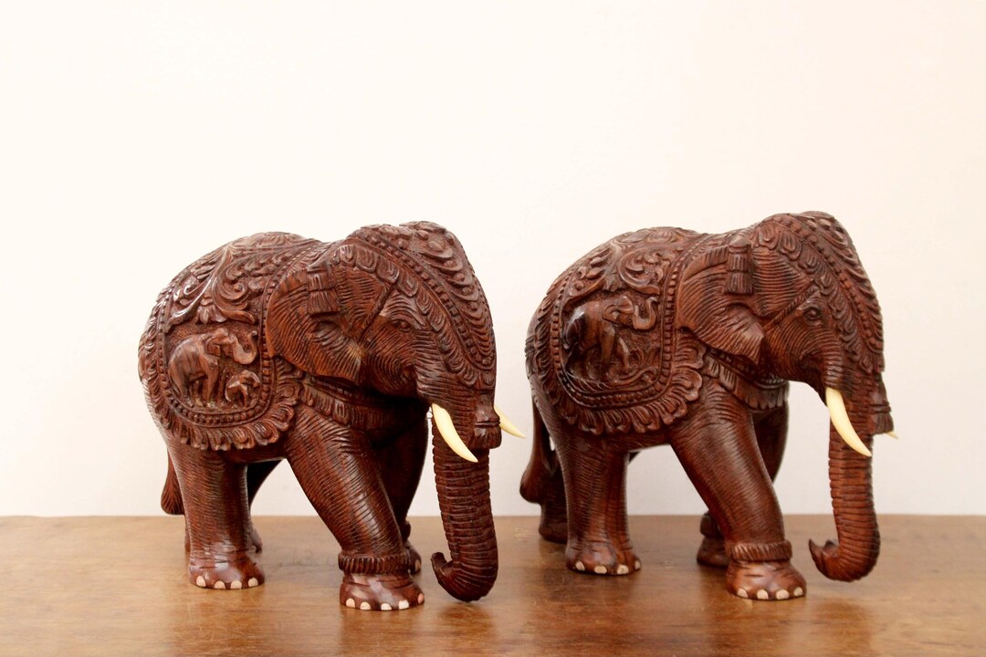 Elephant Statue Pair Wooden Handmade Sculpture Asian Indian Temple ...