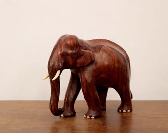 Hand Carved Rosewood Elephant Statue: Vintage Asian Decor