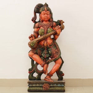 Vintage Saraswathi Devi Statue Hindu Goddess Of Music And Knowledge Antique Hindu Home Decor Garden Temple / Lobby Figurine Big Wooden Idol