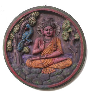 Estátua de Buda vintage, painel redondo de parede, escultura, decoração antiga de casa, pavão/Buda sob a árvore/Meditação/Ioga/Decoração de jardim