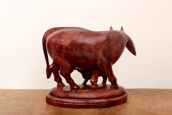 Hand Carved Mahogany Cow & Calf Statue - Vintage Kamadhenu Gaumata
