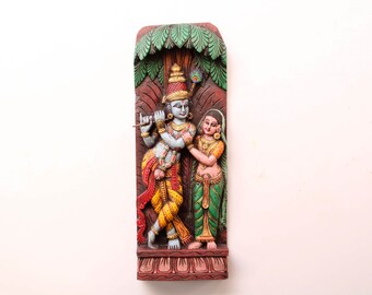 Radha Krishna Statue Vintage Sculpture Hindu God Wall Hanging Carving Antique Temple Mandir Garden Decor Pooja Room Figurine Indian Art Idol