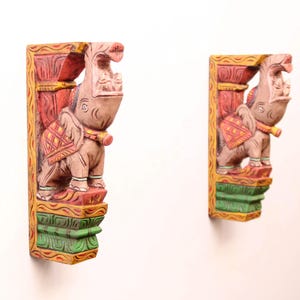 Temple Elephant Statue Wooden Wall Bracket Corbel Pair Vintage Indian Decor Door Hanging Sculpture Mandir Garden Pooja Room Entrance Decor