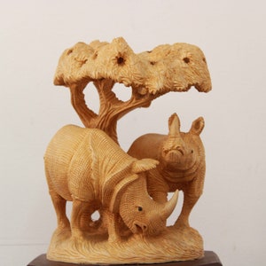 Rhino Statue African Home Decor Jungle / Animal Family Sculpture Memento Gift Living Room / Table Top / Shelf Hand Carved Wooden Carving Art image 5