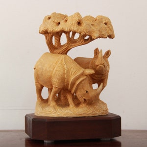 Rhino Statue African Home Decor Jungle / Animal Family Sculpture Memento Gift Living Room / Table Top / Shelf Hand Carved Wooden Carving Art image 2