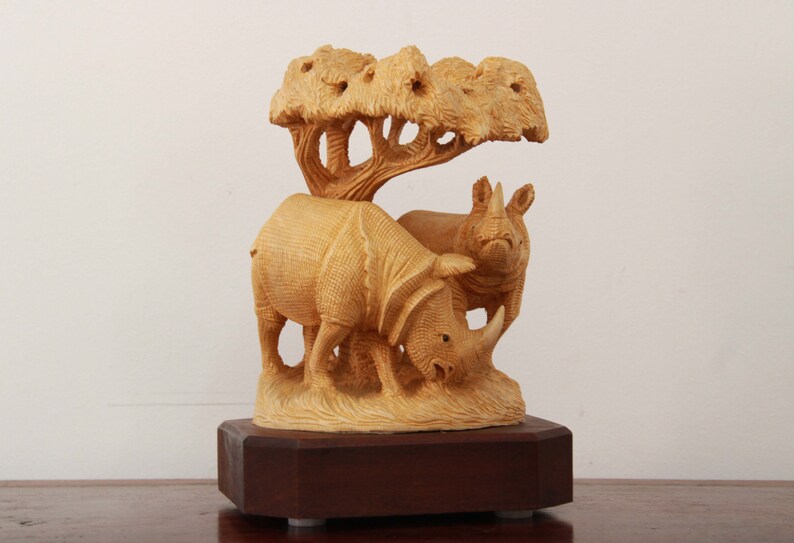 Rhino Statue African Home Decor Jungle / Animal Family Sculpture Memento Gift Living Room / Table Top / Shelf Hand Carved Wooden Carving Art image 2