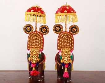 Temple Elephant Statue Set of 2 Indian Kerala Home Decor Wooden Handmade Sculpture Thrissur Pooram Vintage Living Room Office Decor Gift Art