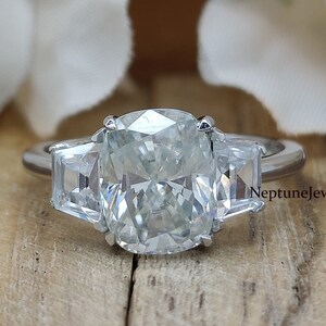 4.6 TCW Elongated Cushion Cut Moissanite Ring in 925 Silver/14K/18K. / Cushion and Tapered Baguette Simulant Diamond 3-Stone Wedding Ring