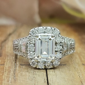 1ct Emerald Round And Baguette Cut Moissanite Engagement Ring In 14K White Gold / 925 Silver Simulated Diamond Halo and Split Shank Ring