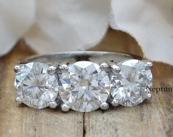 3-Stone Round Cut Moissanite Engagement Ring/ 4.60TCW Round Simulant Diamond 925 Silver Ring/ 14K Gold 3 Stone Ring Moissanite Wedding Ring