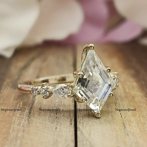 14K Yellow Gold Kite Cut Engagement Ring / 9x11mm Kite Cut Moissanite With Pear and Round Wedding Ring / 925 Silver Lab Diamond Women Ring