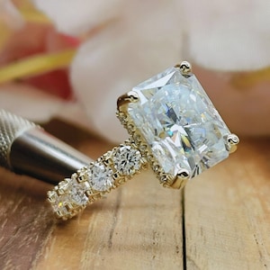 5ct Radiant Cut Gold Moissanite Ring/ 925 Silver Double Hidden Halo Simulated CZ Engagement Ring/ 3-Side Pave Set Half Eternity Wedding Ring
