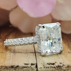5ct Radiant Cut Gold Moissanite Ring/ 925 Silver Double Hidden Halo Simulated CZ Engagement Ring/ 3-Side Pave Set Half Eternity Wedding Ring