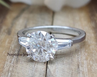 2 CT Round and Baguette Cut Moissanite Ring/3-Stone Silver, 14K Solid Gold Lab Diamond Wedding Ring/3 Stone Solitaire Simulated Diamond Ring