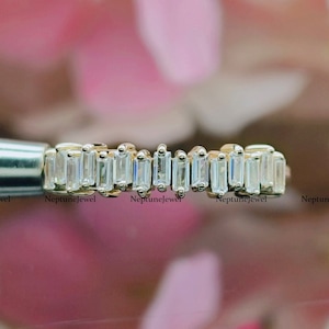 Dainty Zig Zag Baguette Ring / 14K Gold Baguette CVD Diamond Half Eternity Ring/ 925 Silver Minimalist Wedding Ring/ Stackable Matching Band