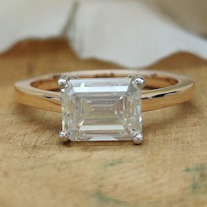 2.0 CT Emerald Cut Moissanite 14K Gold Wedding Ring / East To West Horizontal Set Emerald Cut Simulant Diamond Solitaire Engagement Ring