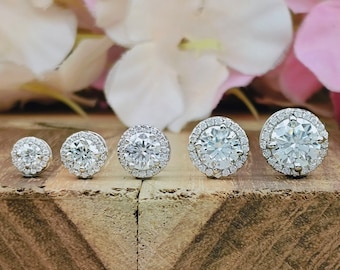 Round Cut Moissanite Halo Earrings In White Gold / 4 Prong Set Simulated Diamond Halo Earrings / 925 Silver Screw Back Earring for Gifts