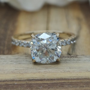14K Solid gold ring with 2.5CT Cushion Cut Moissanite Hidden Halo Solitaire Accent Engagement Ring/ 925 Silver Simulant Diamond Wedding Ring