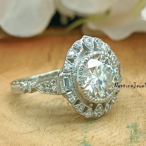 Charming Art Deco Style 3 CT Round Cut Diamond N Side Baguette Set Ring / Vintage Wedding Bride Ring / Vintage 925 Silver Wedding Bezel Ring