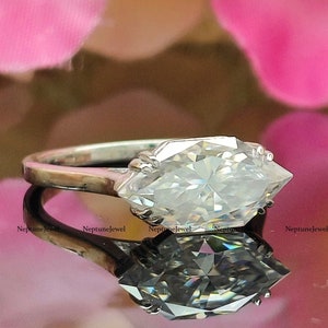 7x14mm East-West Set Dutch Marquise Cut Moissanite Engagement Ring / 14K White Gold Halo Wedding Ring / Unique 925 Silver Anniversary gifts