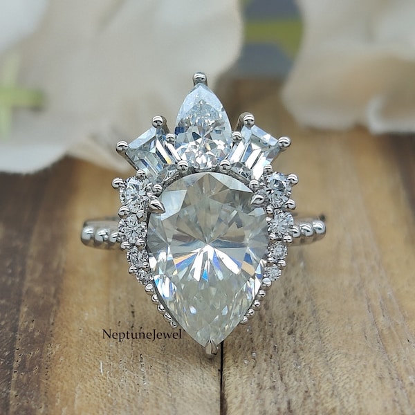 12x8 MM Pear Moissanite With Round and Baguette Cut Moissanite Unique Halo Engagement Ring/ Antique Art Deco Style Pear Wedding Ring For Her